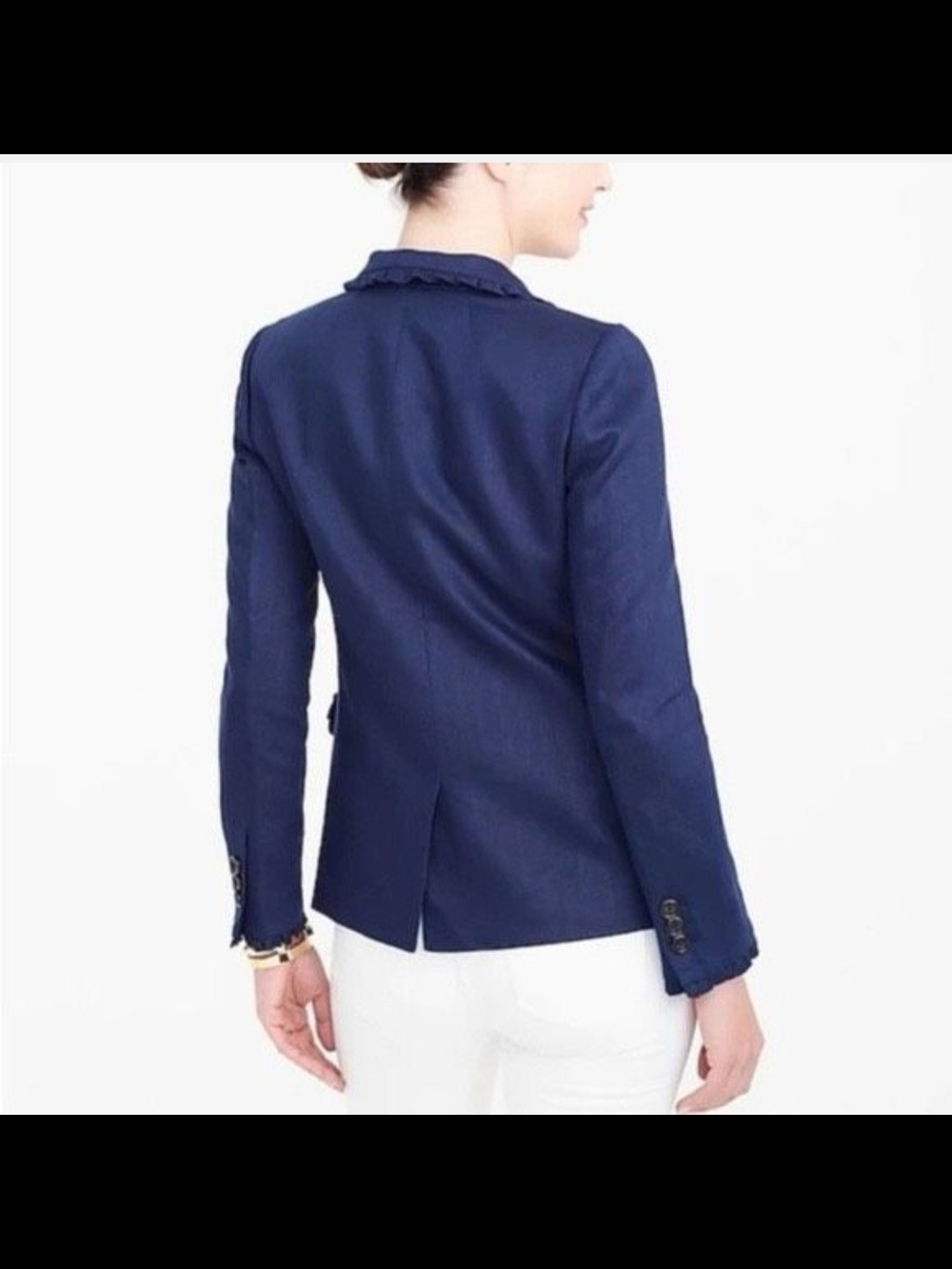 J.Crew NWT Navy Linen Blazer Ruffle Trim Feminine Chic Jacket Size 4 - Picture 3 of 7